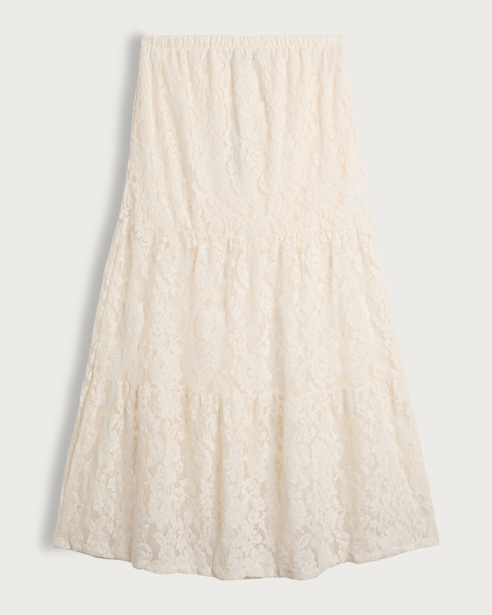 image 1 of F&F Tiered Lace Midi Skirt in Cream