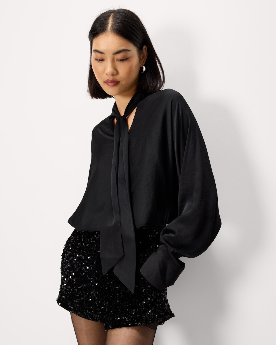 image 1 of F&F Satin Tie Neck Blouse in Black
