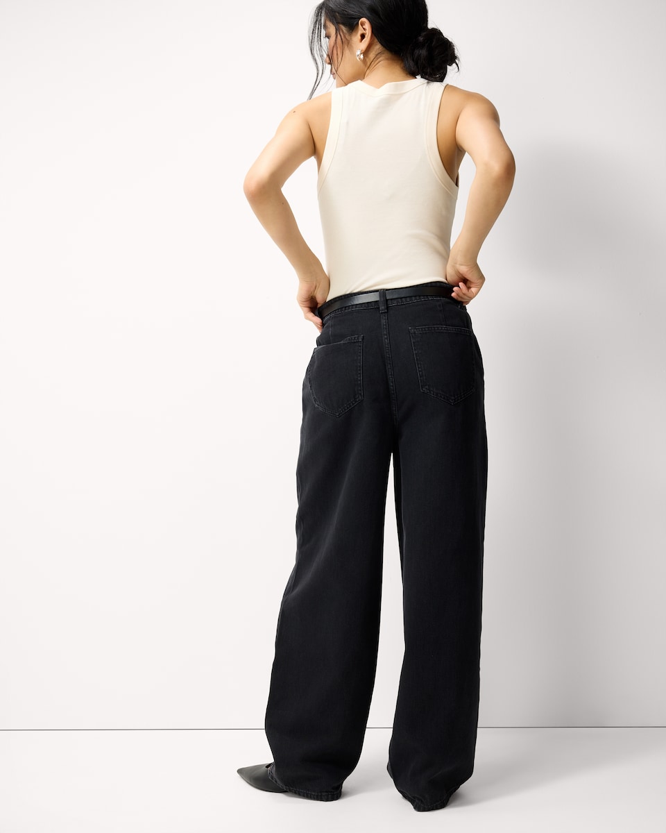 image 1 of F&F High Rise Relaxed Fit Belted Jeans in Black