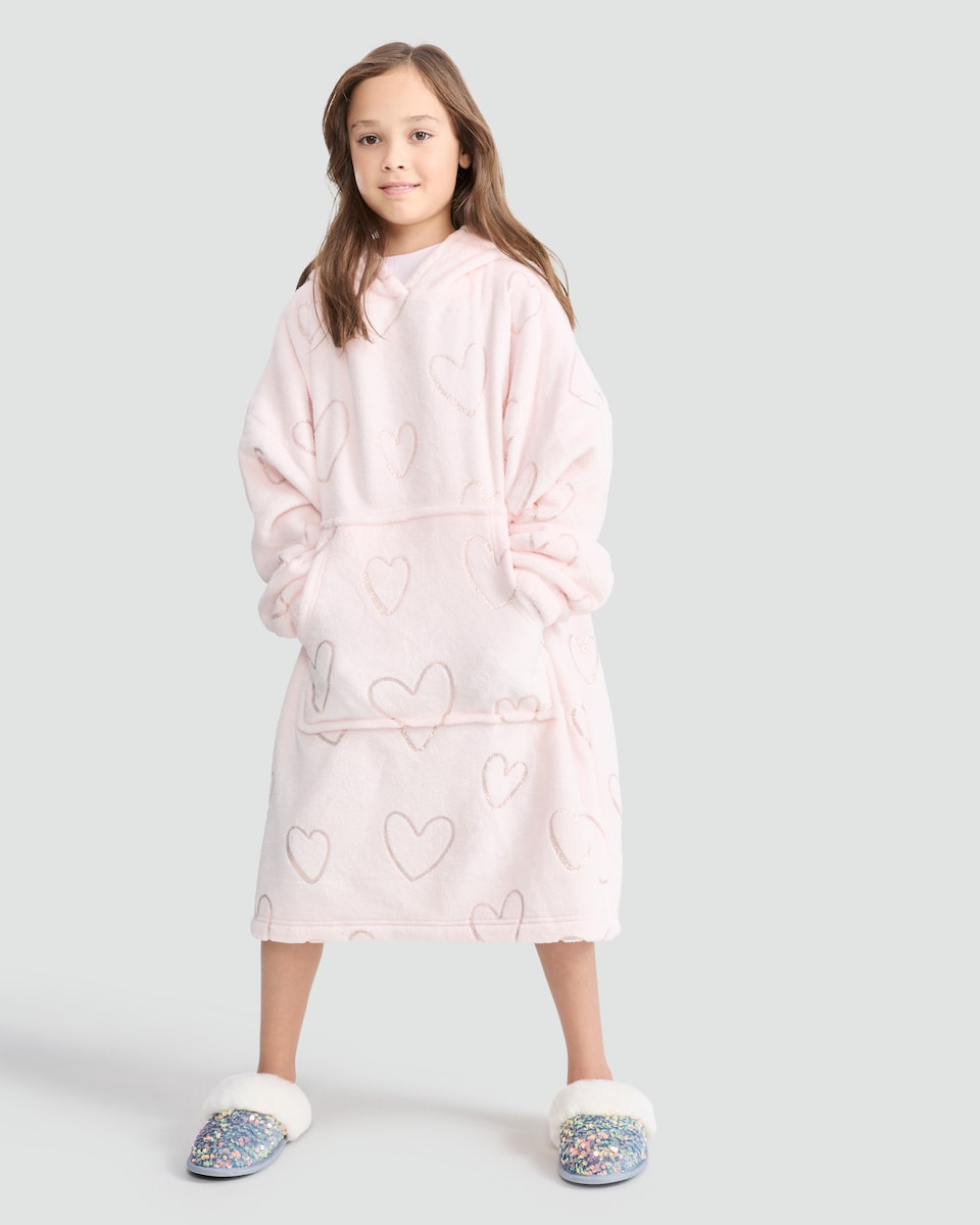 image 1 of F&F Girls Fleece Heart Print Longline Pyjama Hoodie in Multi