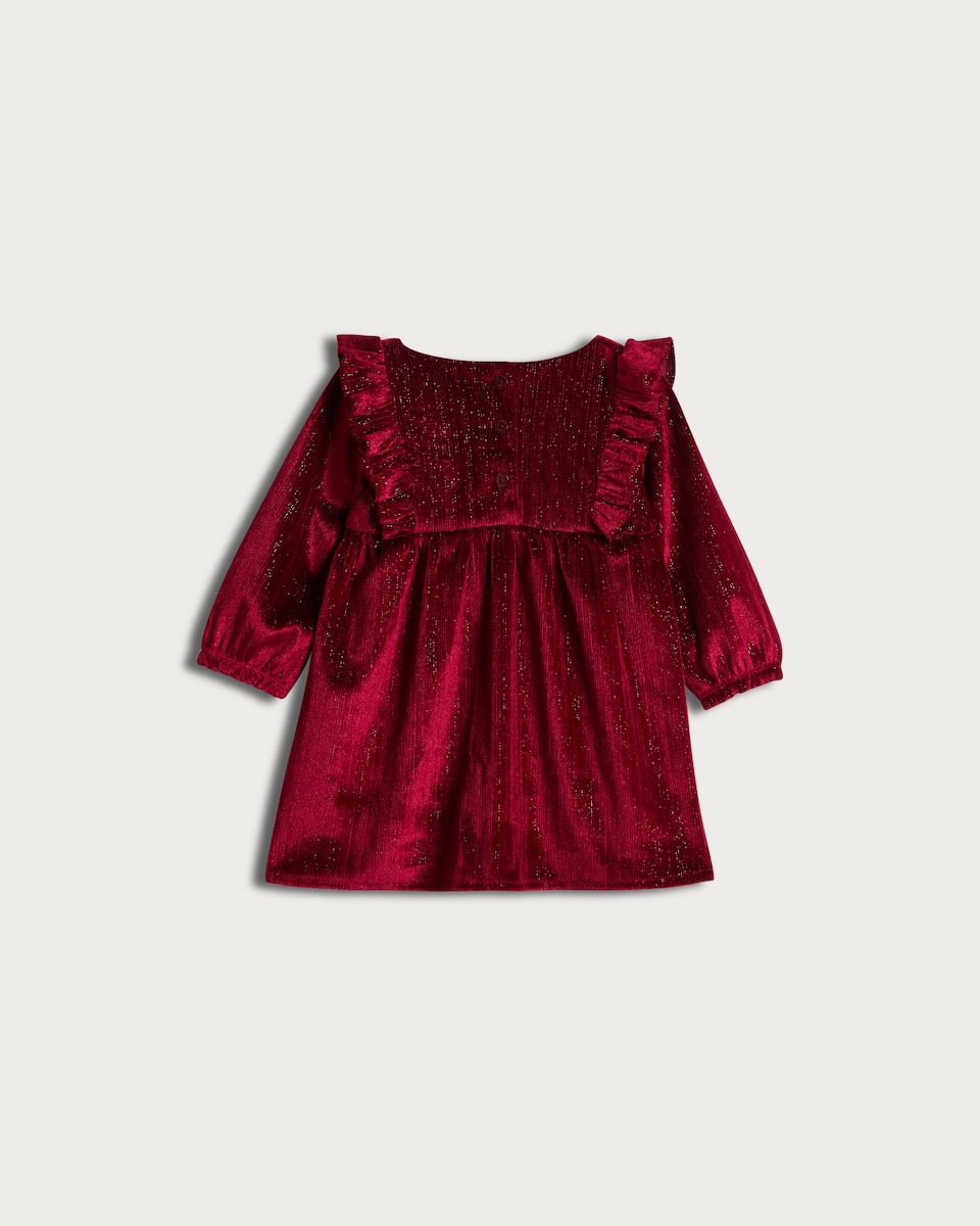 image 1 of F&F Baby Lurex Velvet Ruffle Trim Dress in Red