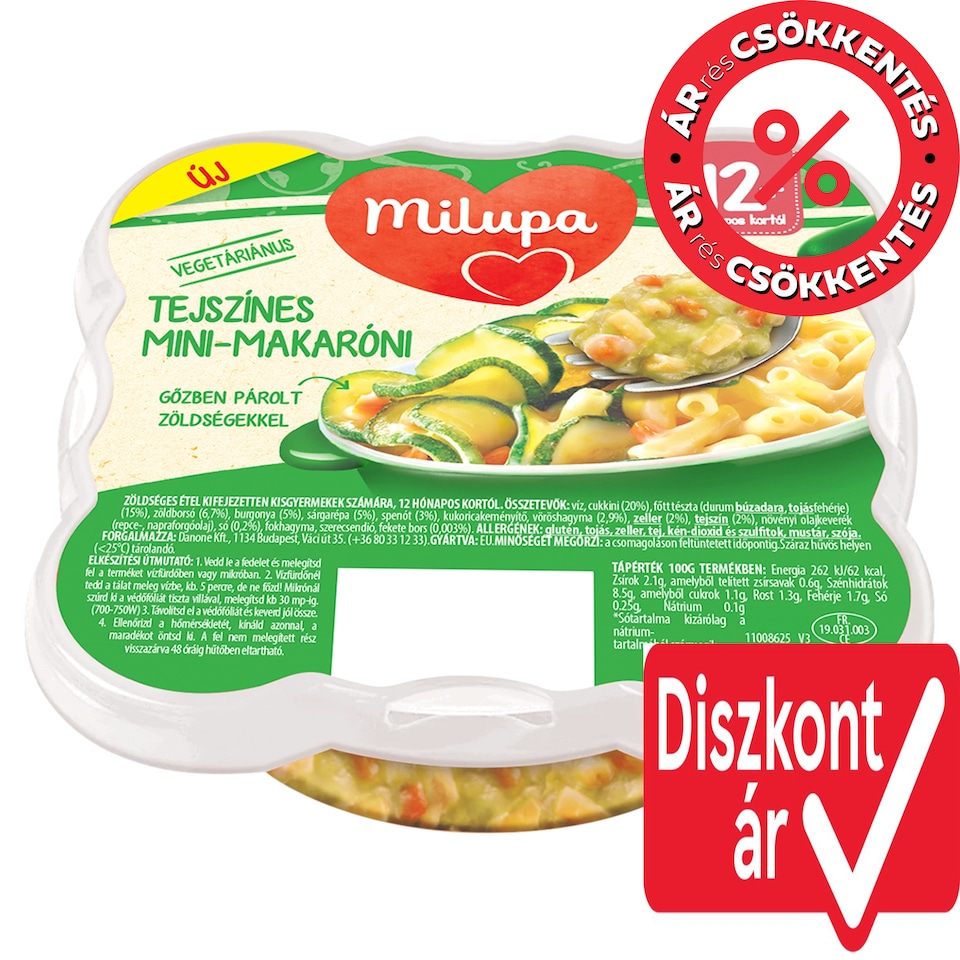 Milupa vegetáriánus tejszínes mini-makaróni zöldséges étel kisgyermekek számára 12 hó+ 230 g