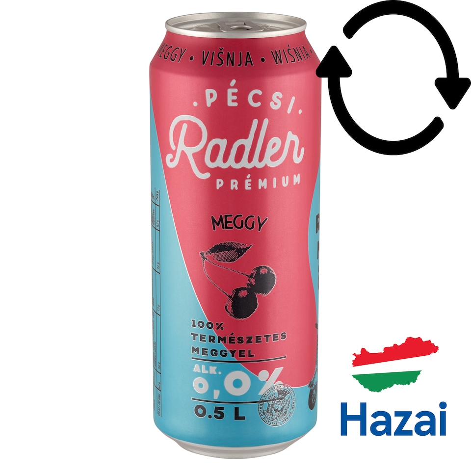 Pécsi Radler Prémium Meggy alkoholmentes világos sör és meggy ízű szénsavas üdítőital 0,0% 0,5 l