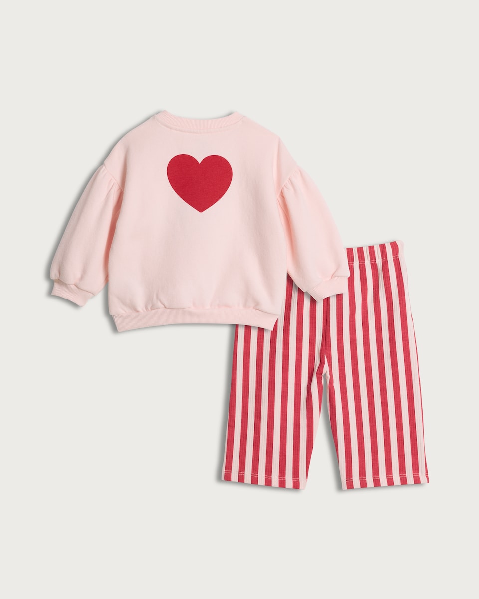 image 1 of F&F Baby 2-Piece Cotton Rich Little Love Sweatshirt and Striped Bottoms Set in Pink