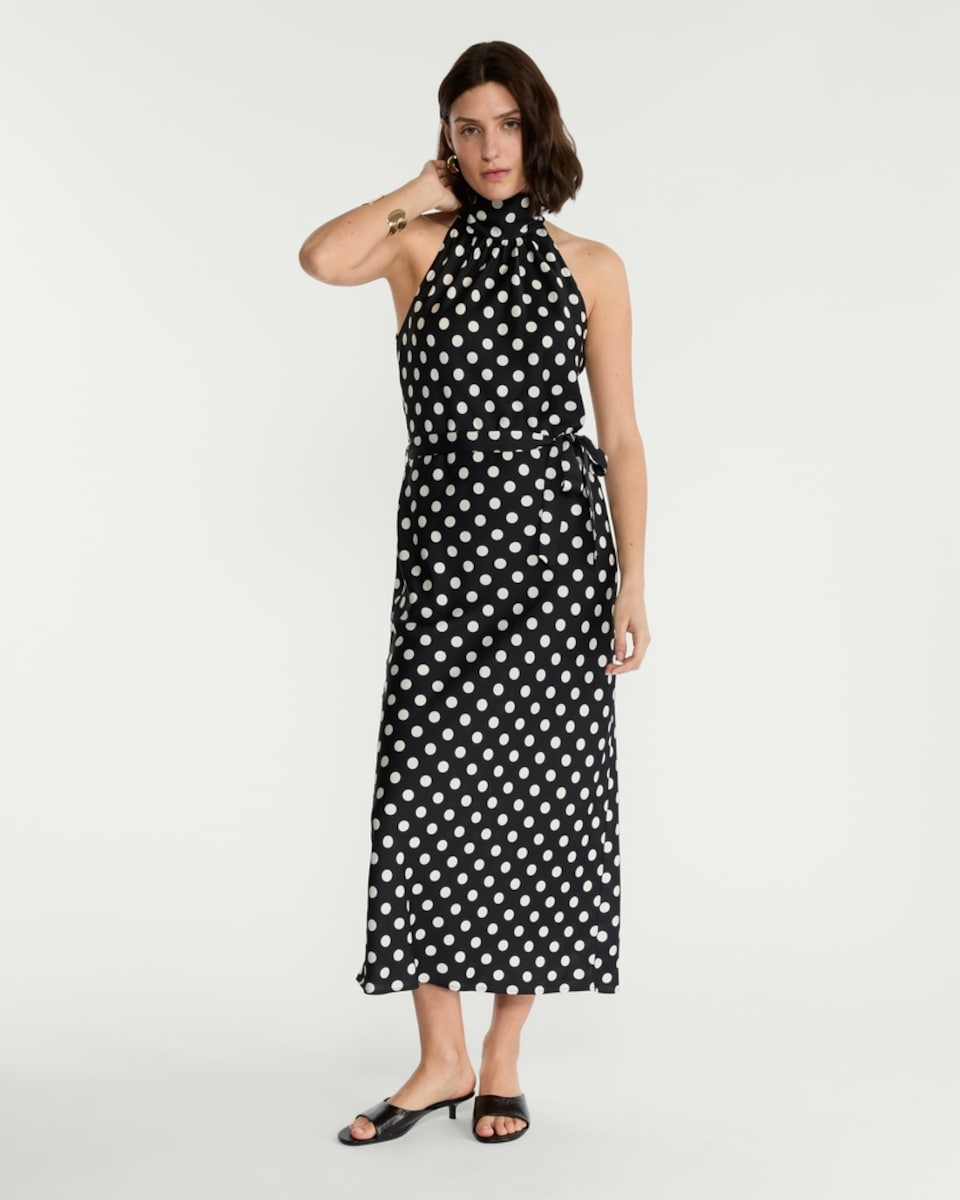 image 1 of F&F Satin Polka Dot Halterneck Midi Dress in Black