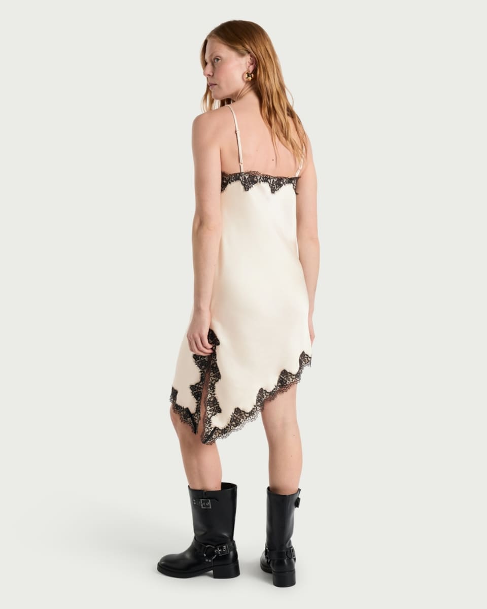 image 1 of F&F Asymmetric Lace Trim Slip Dress in Cream