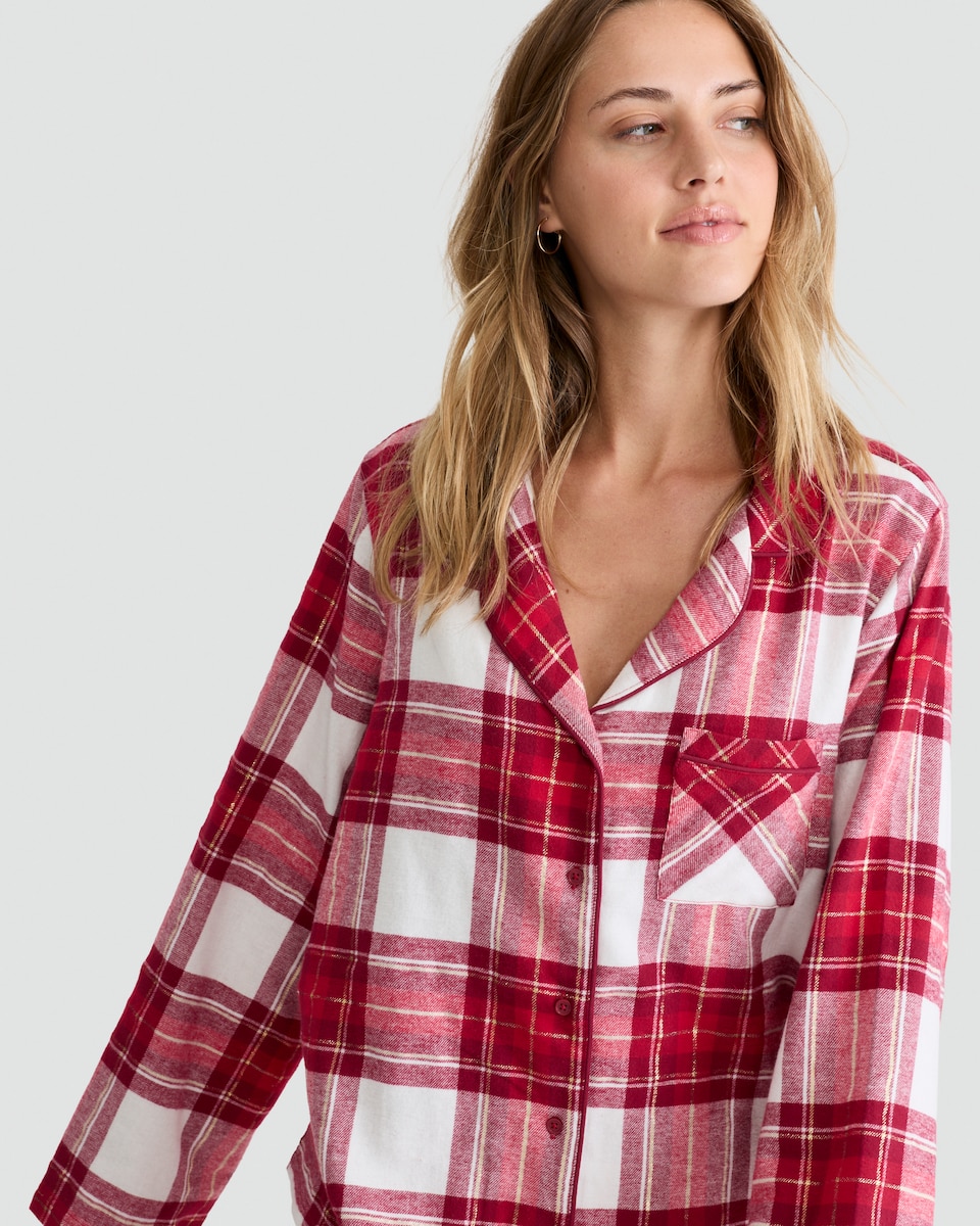 image 1 of F&F Cotton Rich Check Print Revere Shirt and Trousers Pyjama Set in Red