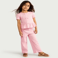 F&F Girls 2-Piece Cotton Rich Textured Top and Trousers Set in Pink