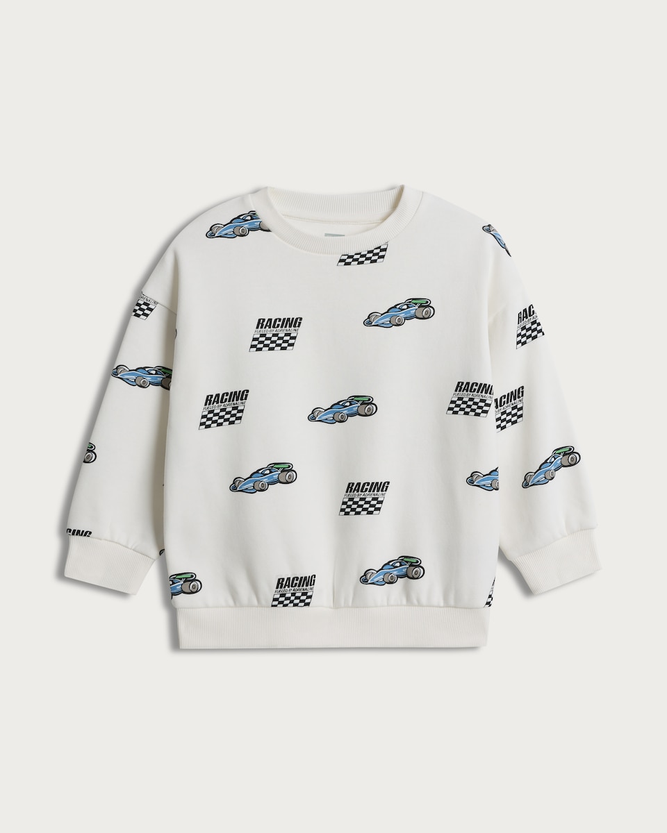 image 1 of F&F Boys Cotton Rich Racing Car Print Sweatshirt in Cream