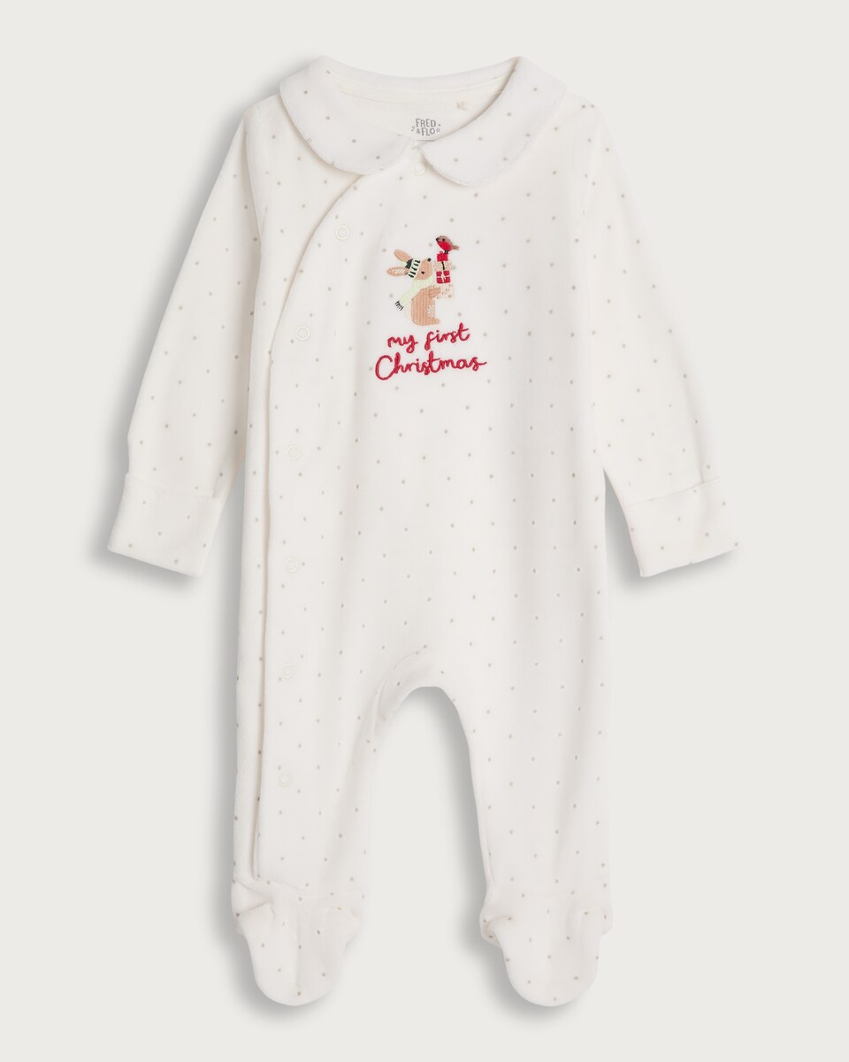 image 1 of F&F Baby Cotton Rich My First Christmas Slogan Sleepsuit in White
