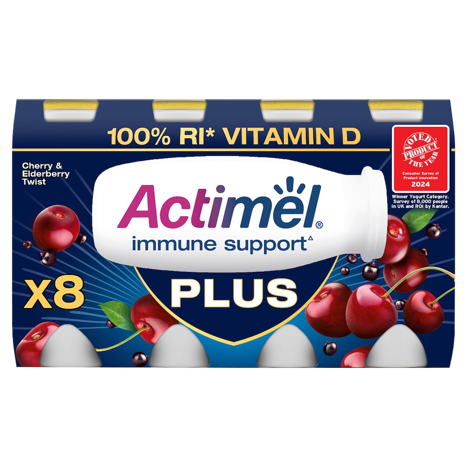 image 1 of Actimel Plus 100% Vitamin D Cherry & Elderberry Live Yoghurt Drink Multipack 8x100g