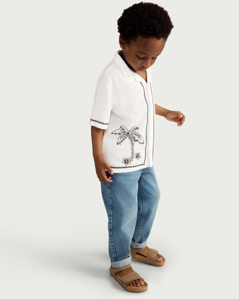 image 1 of F&F Boys Palm Tree Embroidered Shirt in White