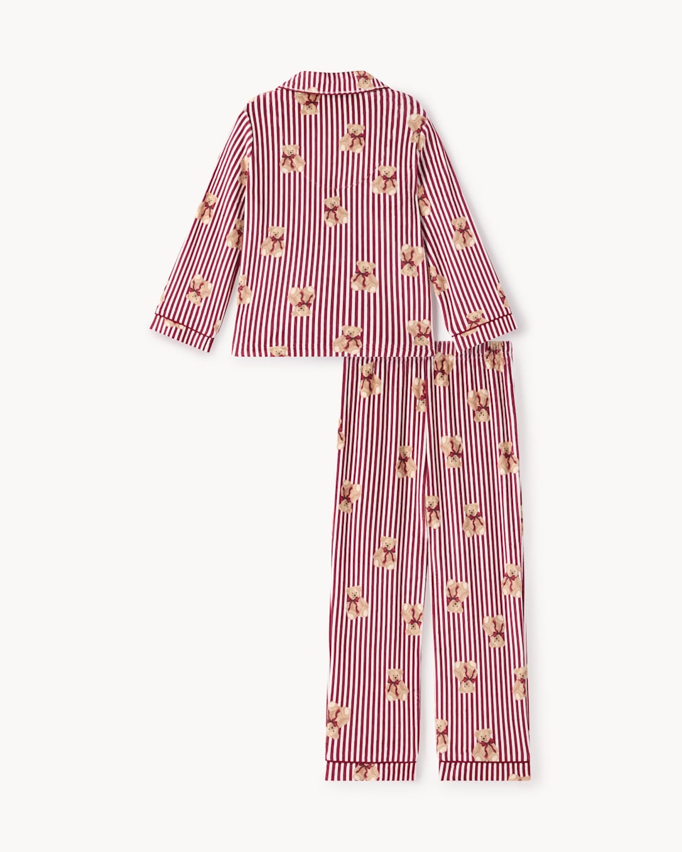 image 1 of Christmas Fleece Striped Teddy Bear Revere Pyjama Set in Red