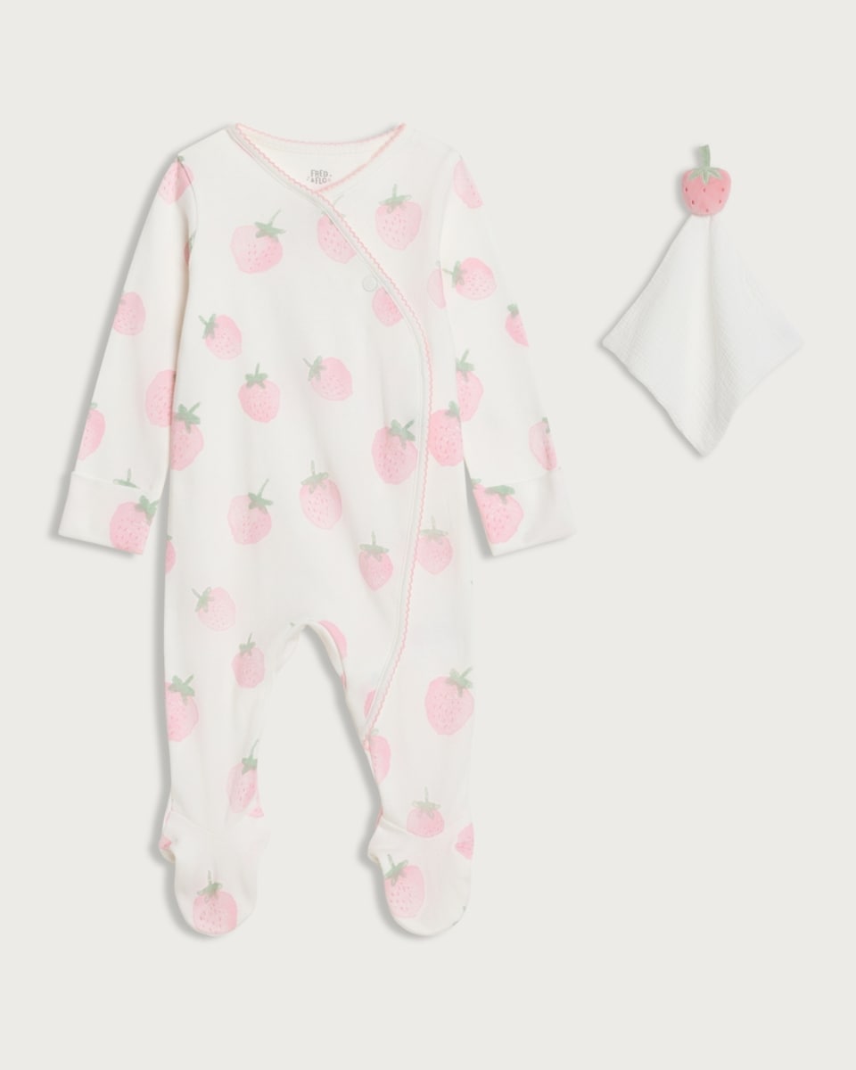 F&F Baby Pure Cotton Strawberry Print Sleepsuit with Comforter in White