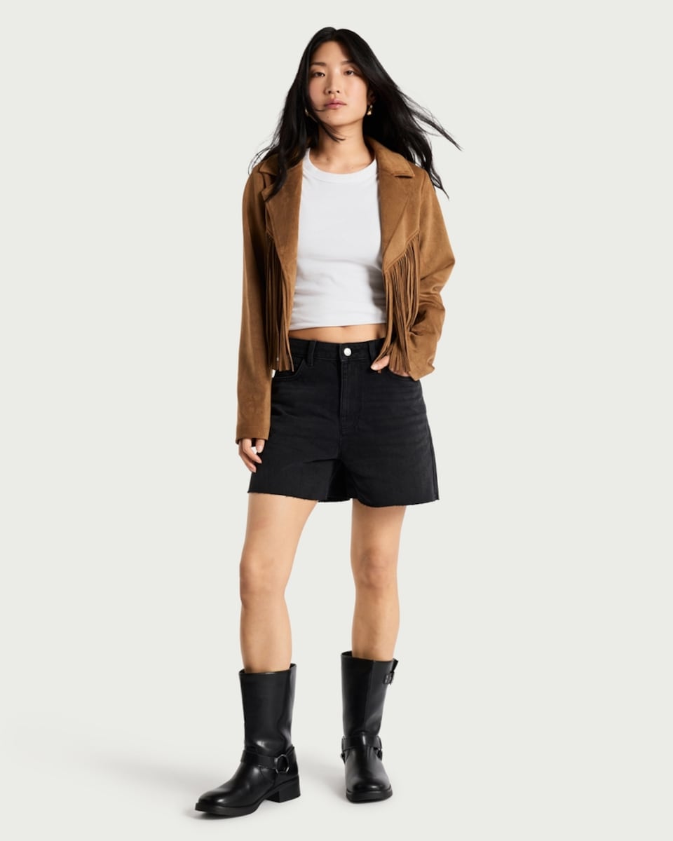 image 1 of F&F Frayed Edge Denim Shorts in Black