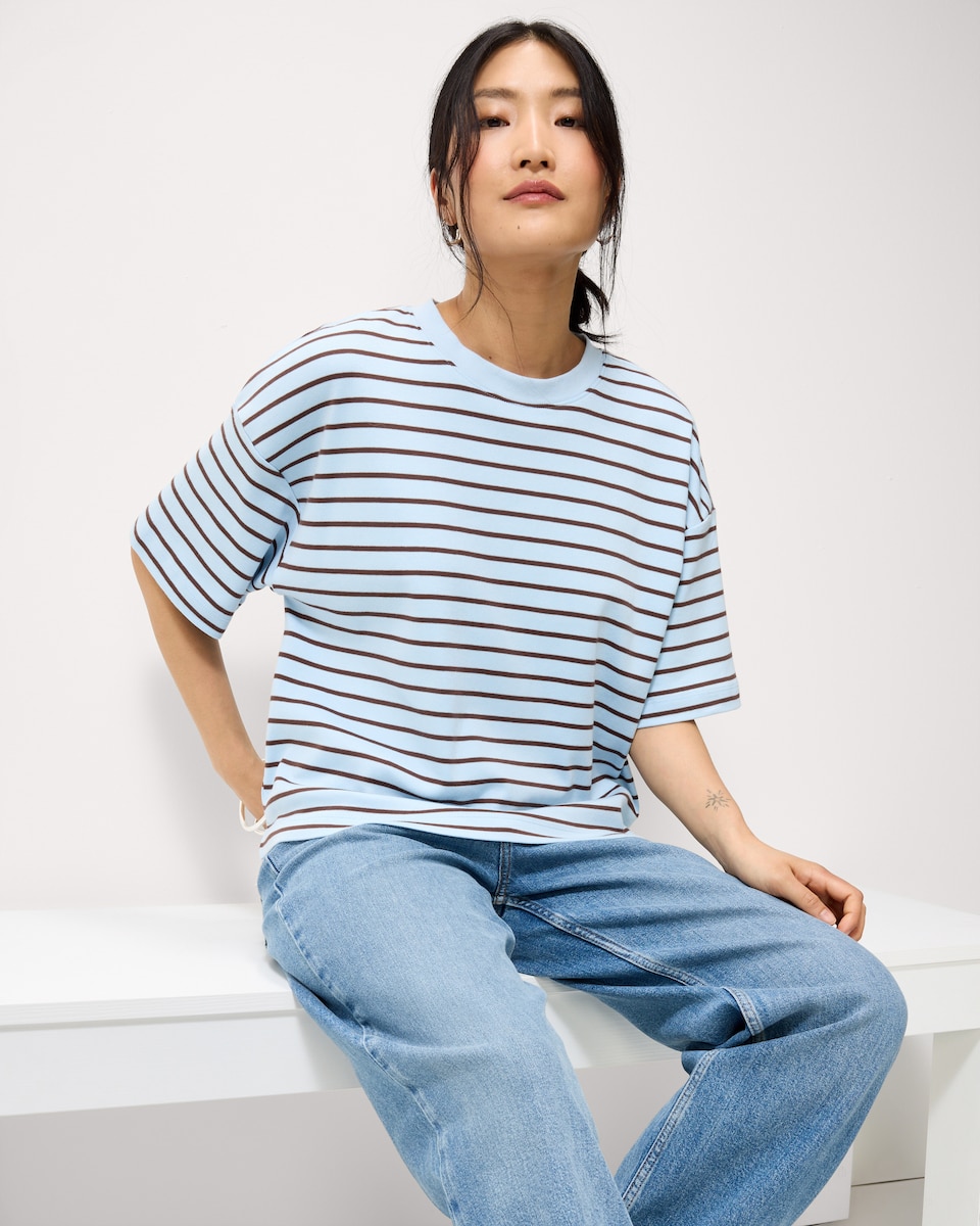 image 1 of F&F Pure Cotton Striped Boxy T-Shirt in Multi Blue
