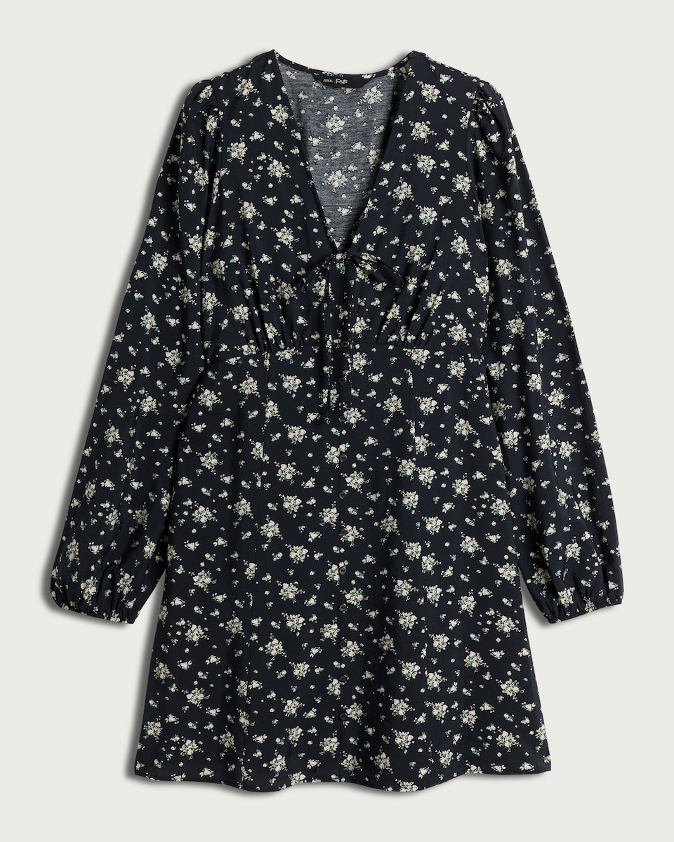 image 1 of F&F Floral Tie Neck Long Sleeved Mini Dress in Multi Black