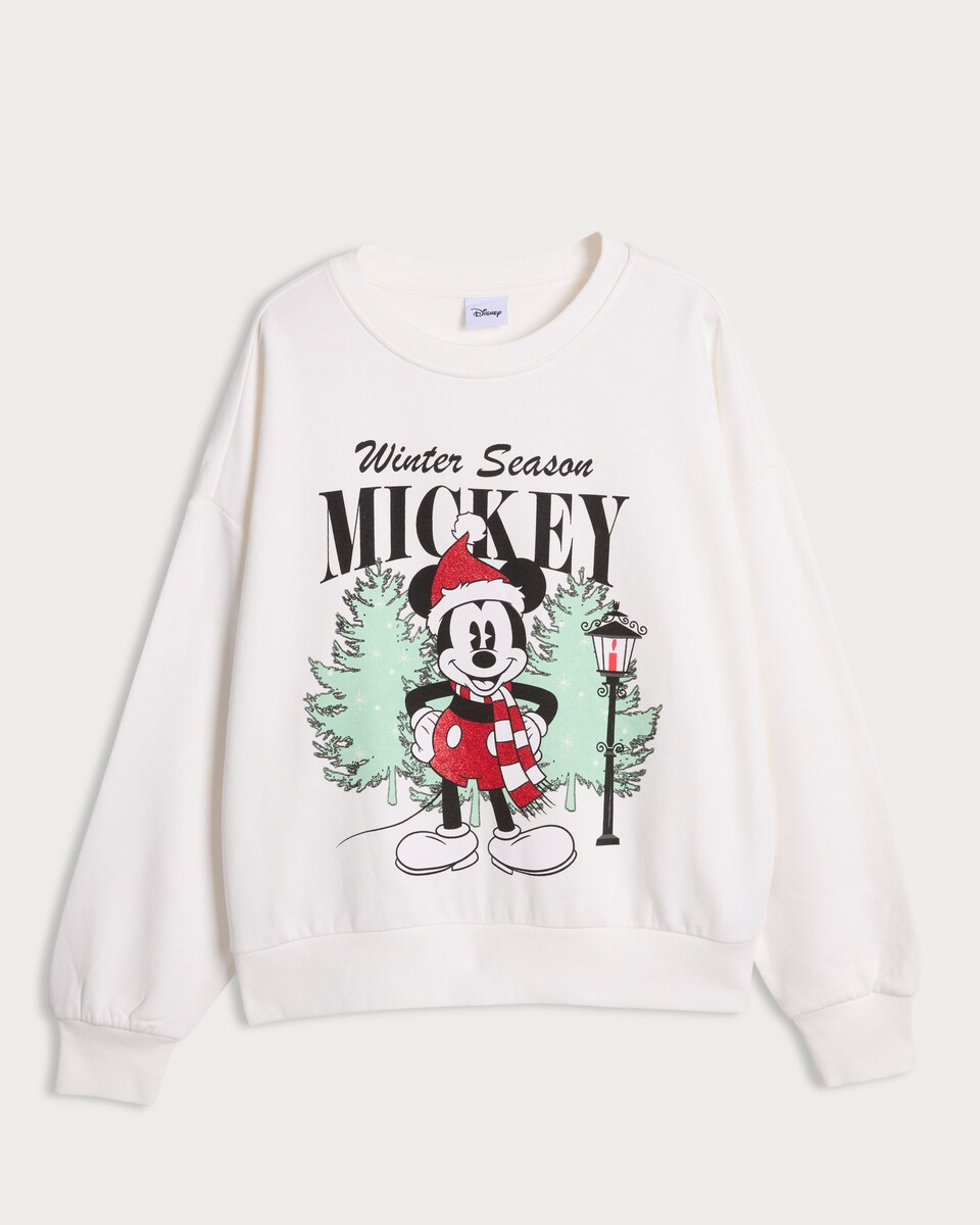 image 1 of Disney Mickey Mouse Winter Season Slogan Cotton Rich Sweatshirt in Cream