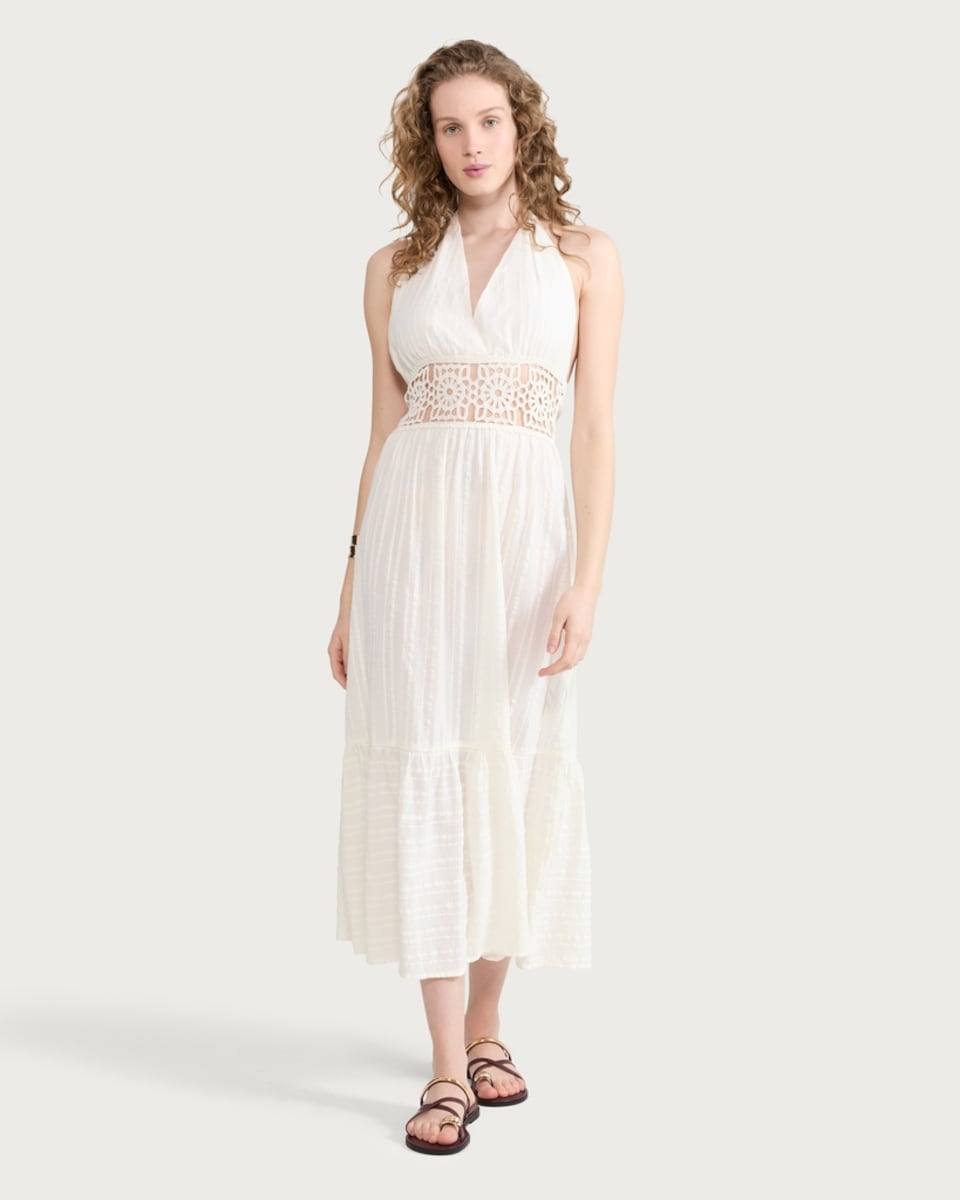 image 1 of F&F Pure Cotton Halter Neck Midi Beach Dress in Ivory