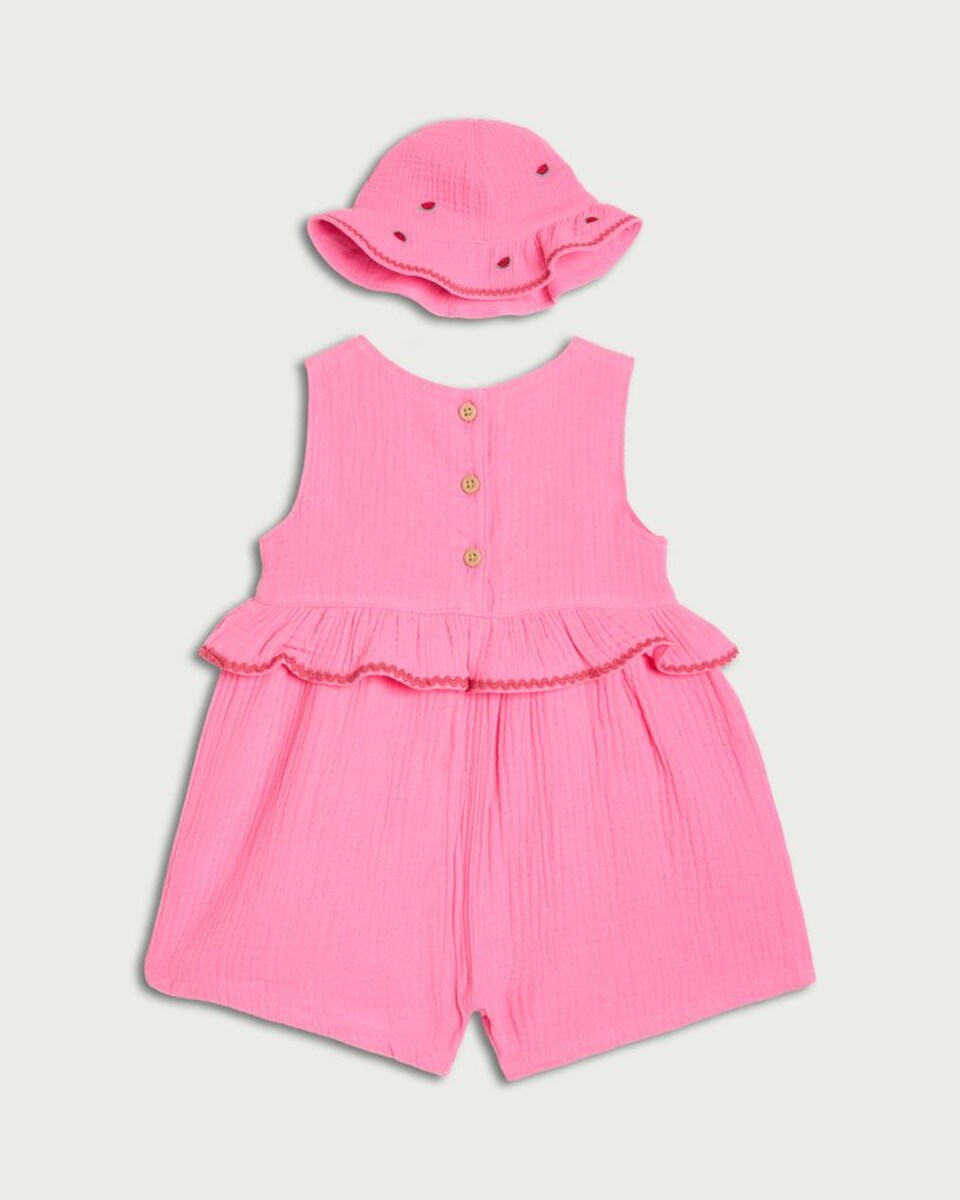 image 1 of F&F Baby 2-Piece Pure Cotton Textured Watermelon Print Romper and Hat Set in Pink
