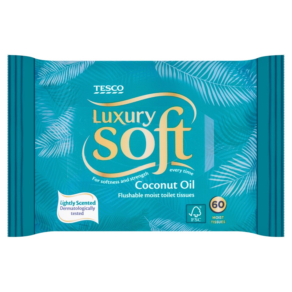 Tesco Luxury Soft Flushable Moist Toilet Tissues - Coconut Oil 60 Pack
