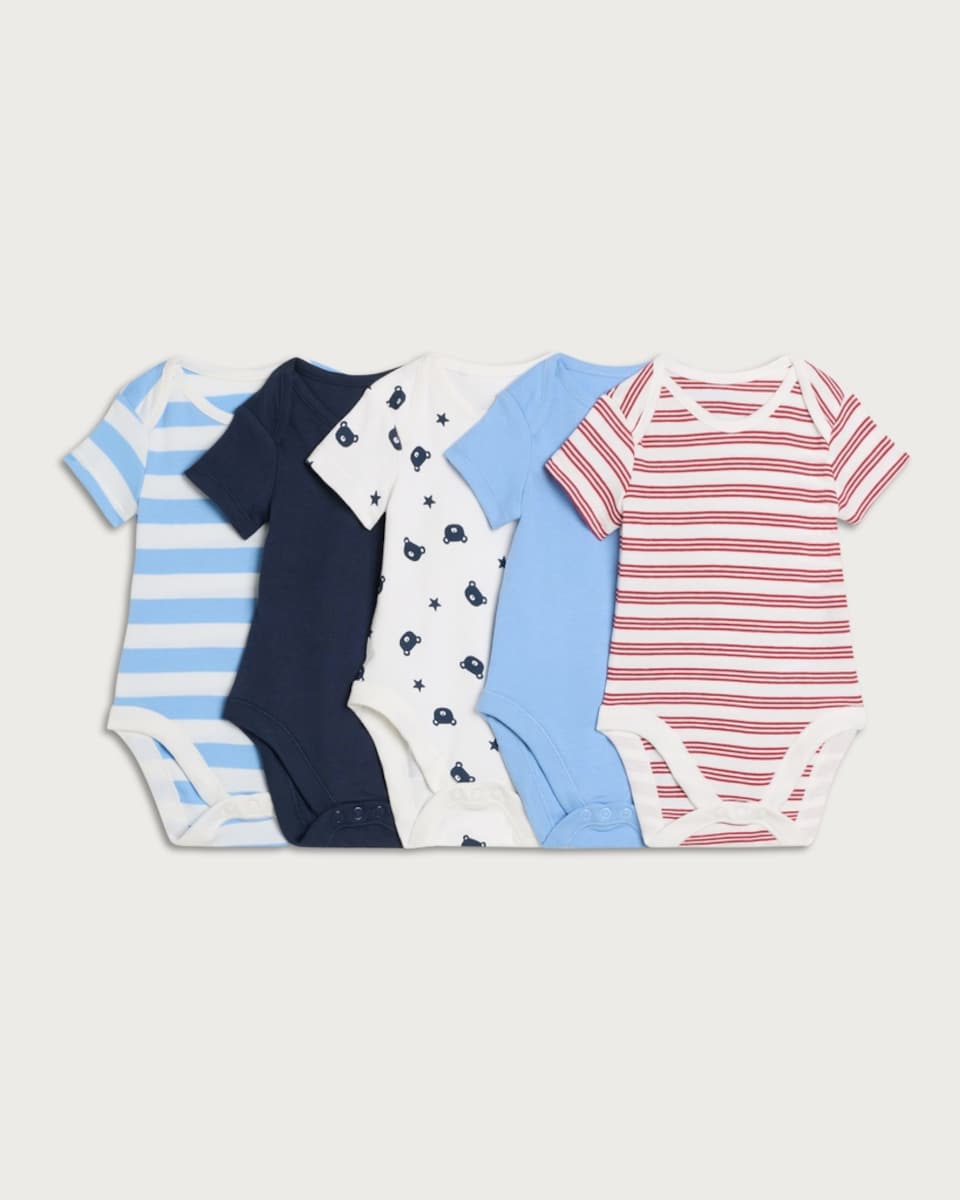 image 1 of F&F Baby 5-Pack Pure Cotton Printed Short Sleeved Bodysuits in Blue
