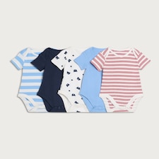 F&F Baby 5-Pack Pure Cotton Printed Short Sleeved Bodysuits in Blue