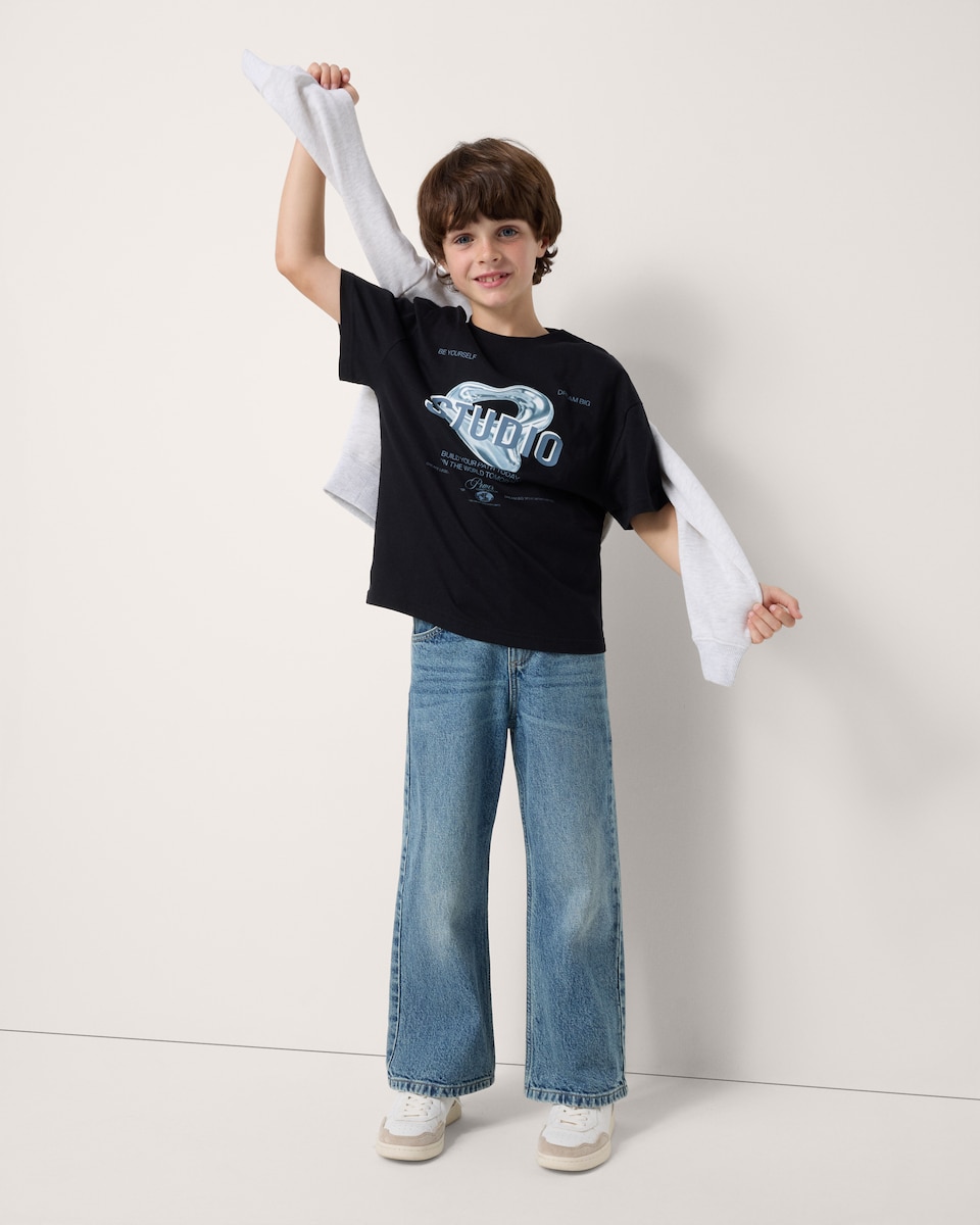 image 1 of F&F Boys Pure Cotton Slogan T-Shirt in Black