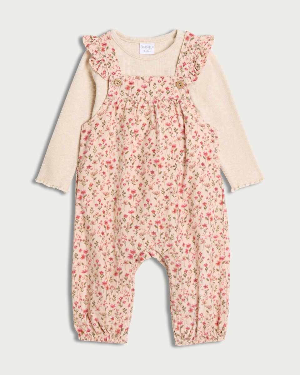 image 1 of F&F Baby 2-Piece Floral Print Dungarees and Bodysuit Set in Pink