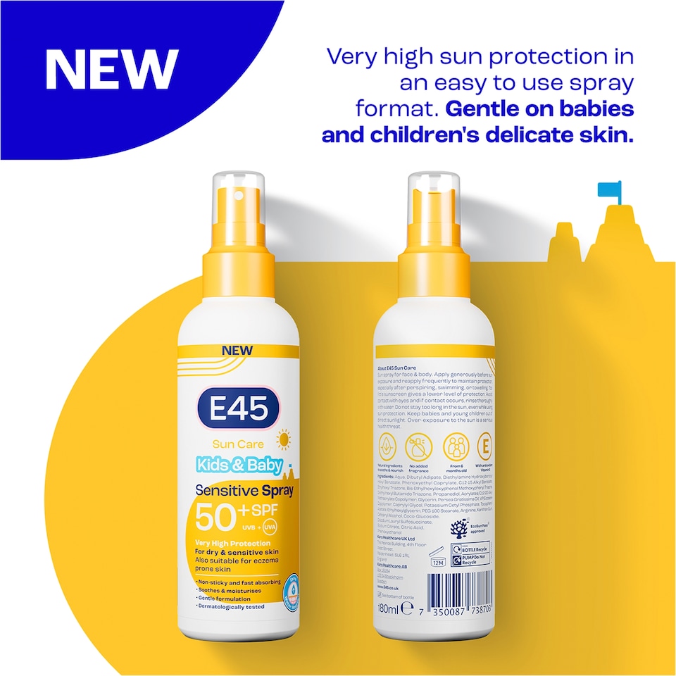 image 1 of E45 Sun Care Kids & Baby Sensitive SPF50+ Sun Cream Spray 180ml