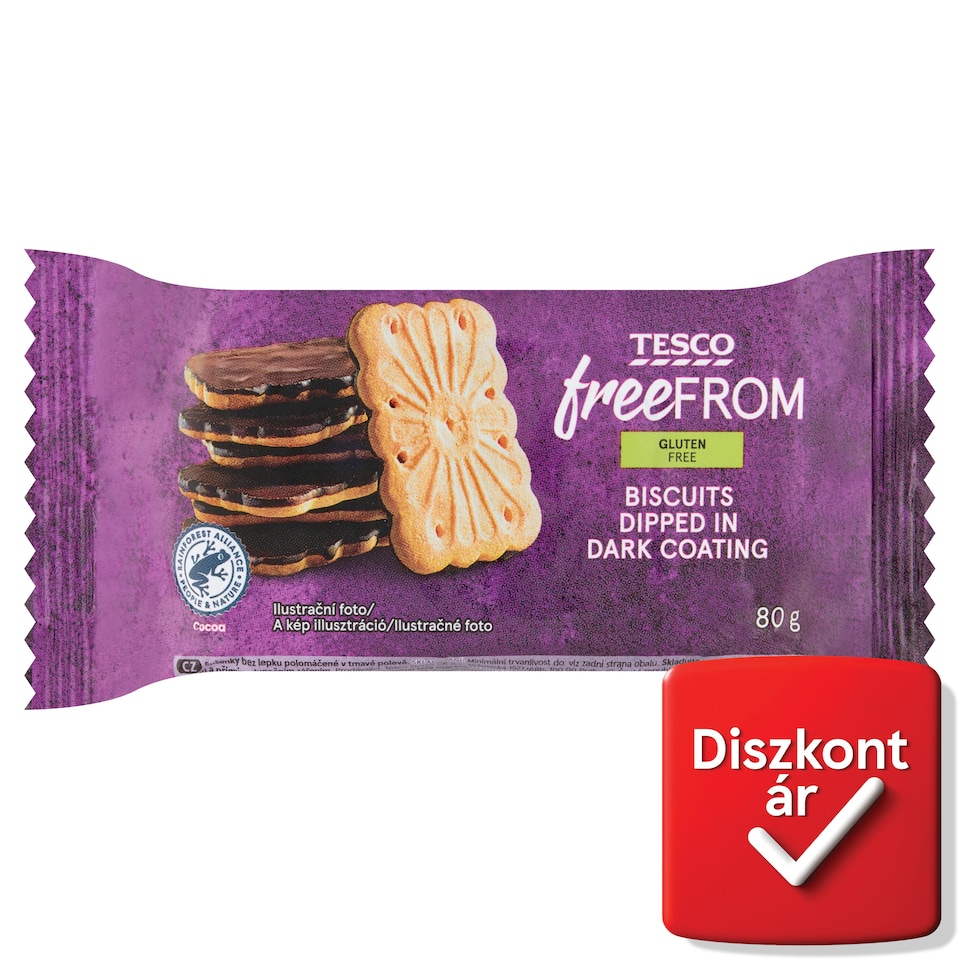 Tesco Free From gluténmentes keksz sötét színű bevonómasszával félig mártva 80 g