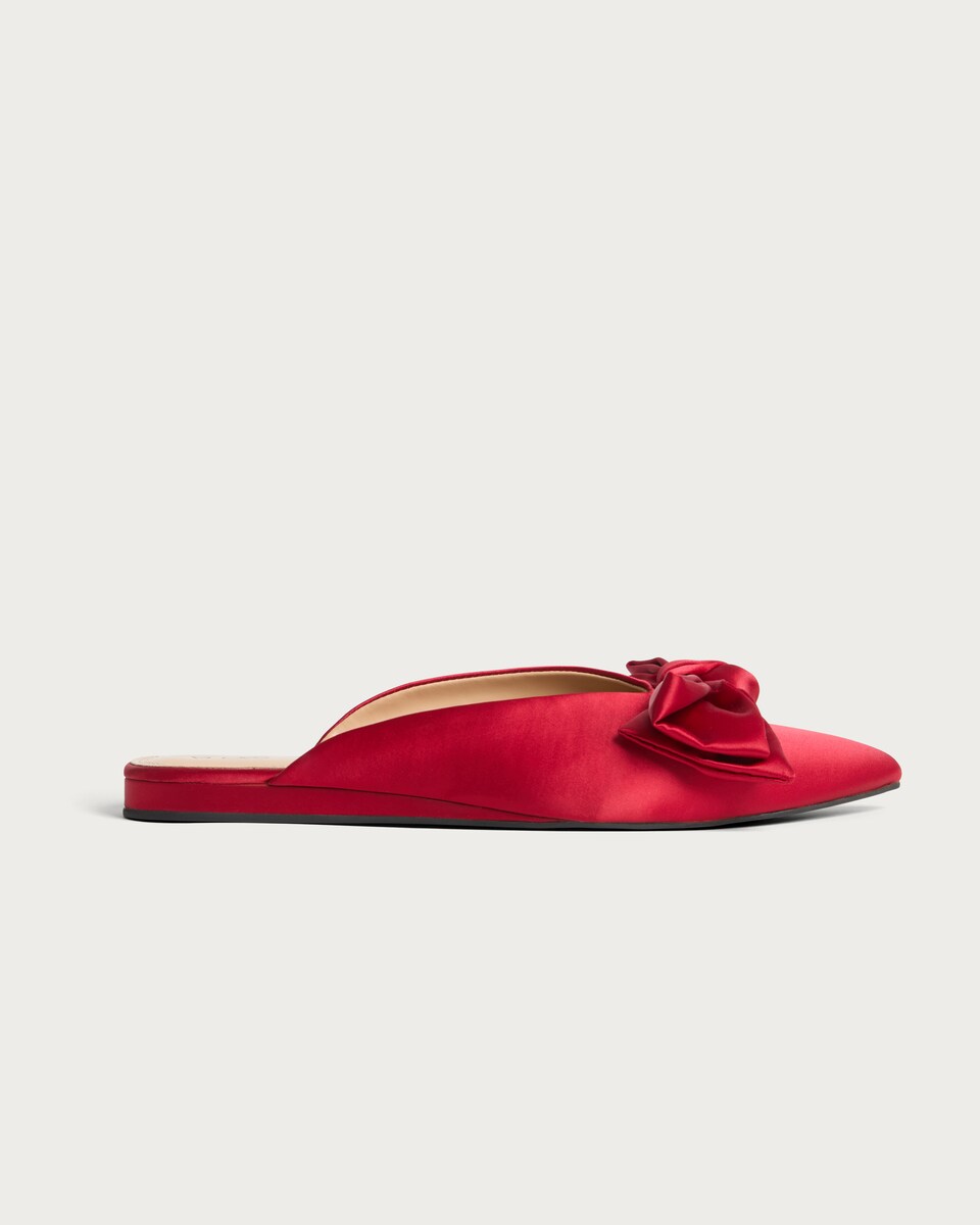 image 1 of SACHA Satin Bow Pointed Mules in Red