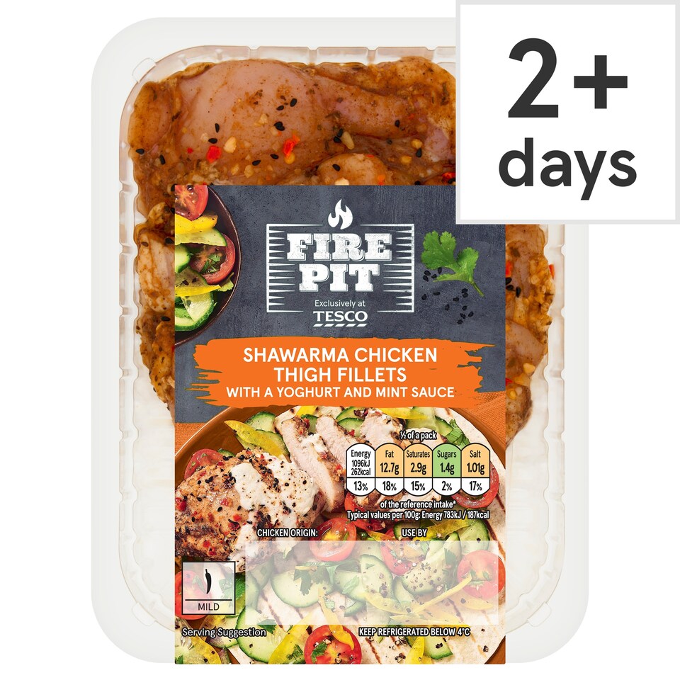 Tesco Firepit Shawarma Chicken Thigh Fillets with Yoghurt & Mint Sauce 393g