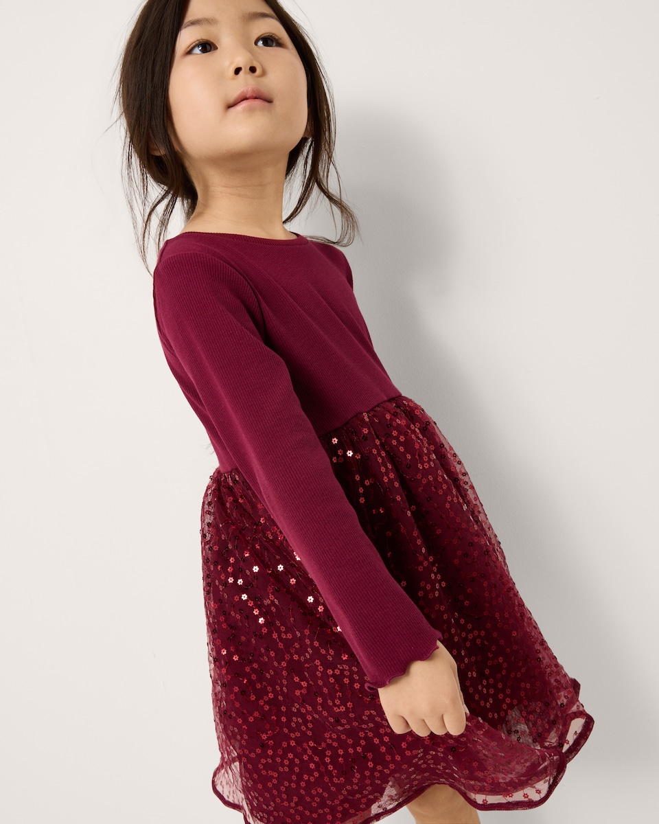 image 1 of F&F Girls Sequin Tulle Dress in Burgundy
