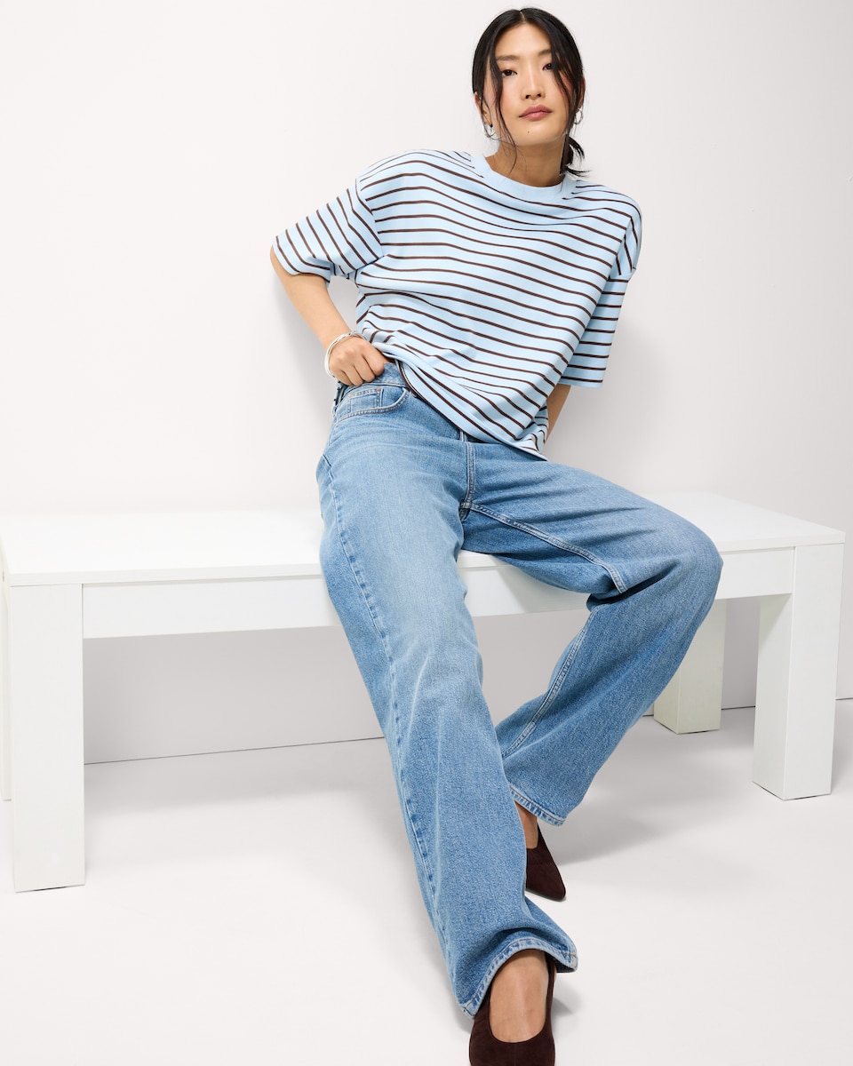 image 1 of F&F Pure Cotton Striped Boxy T-Shirt in Multi Blue