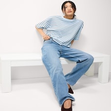 F&F Pure Cotton Striped Boxy T-Shirt in Multi Blue