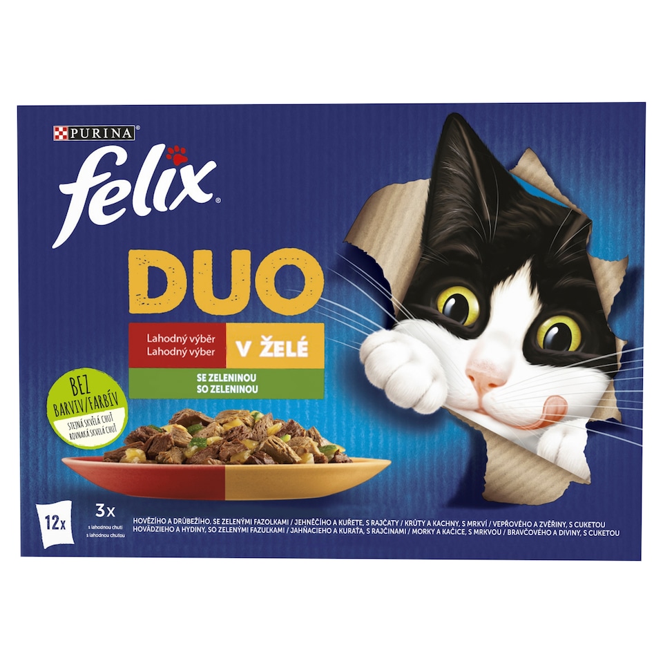 obrázok 1 z  Felix Fantastic DUO kapsičky pre mačky hovädzie a hydina, jahňacie a kura, morka a kačica 12 × 85 g