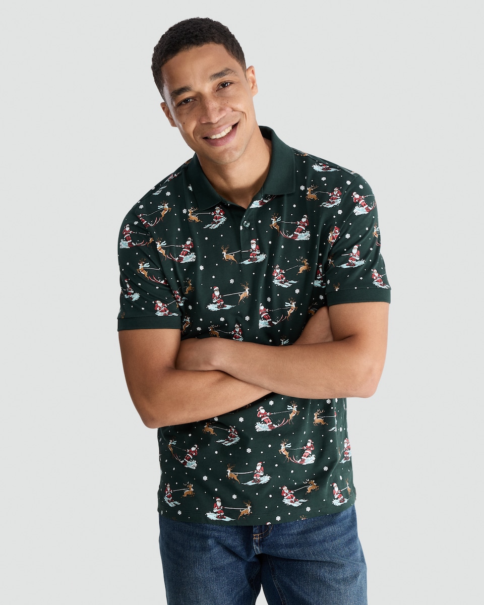 image 1 of F&F Pure Cotton Santa and Sleigh Print Polo Shirt in Green