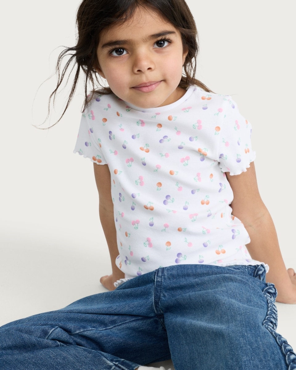 image 1 of F&F Girls Cotton Rich Cherry Print T-Shirt in White