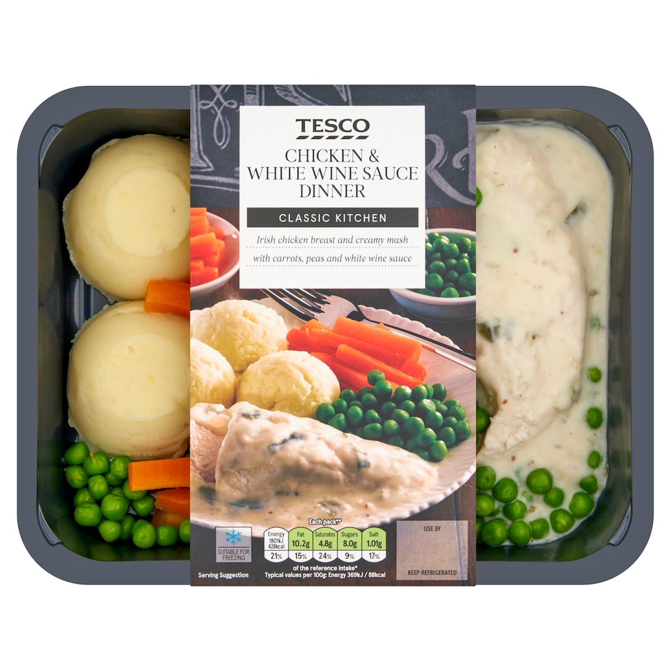 TESCO CLASSICS CHICKEN & WHITE WINE SAUCE DINNER 500G
