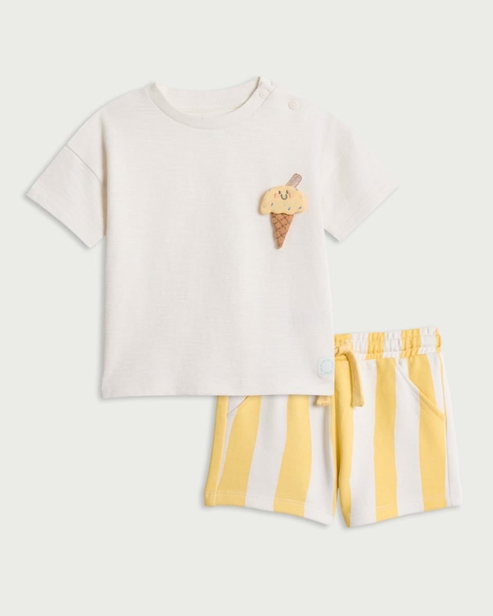 image 1 of F&F Baby 2-Piece Cotton Rich Ice Cream T-Shirt and Shorts Set in Cream