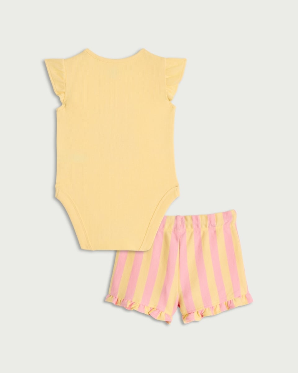 image 1 of F&F Baby 2-Piece Cotton Rich Sunny Days Bodysuit and Striped Shorts Set in Yellow