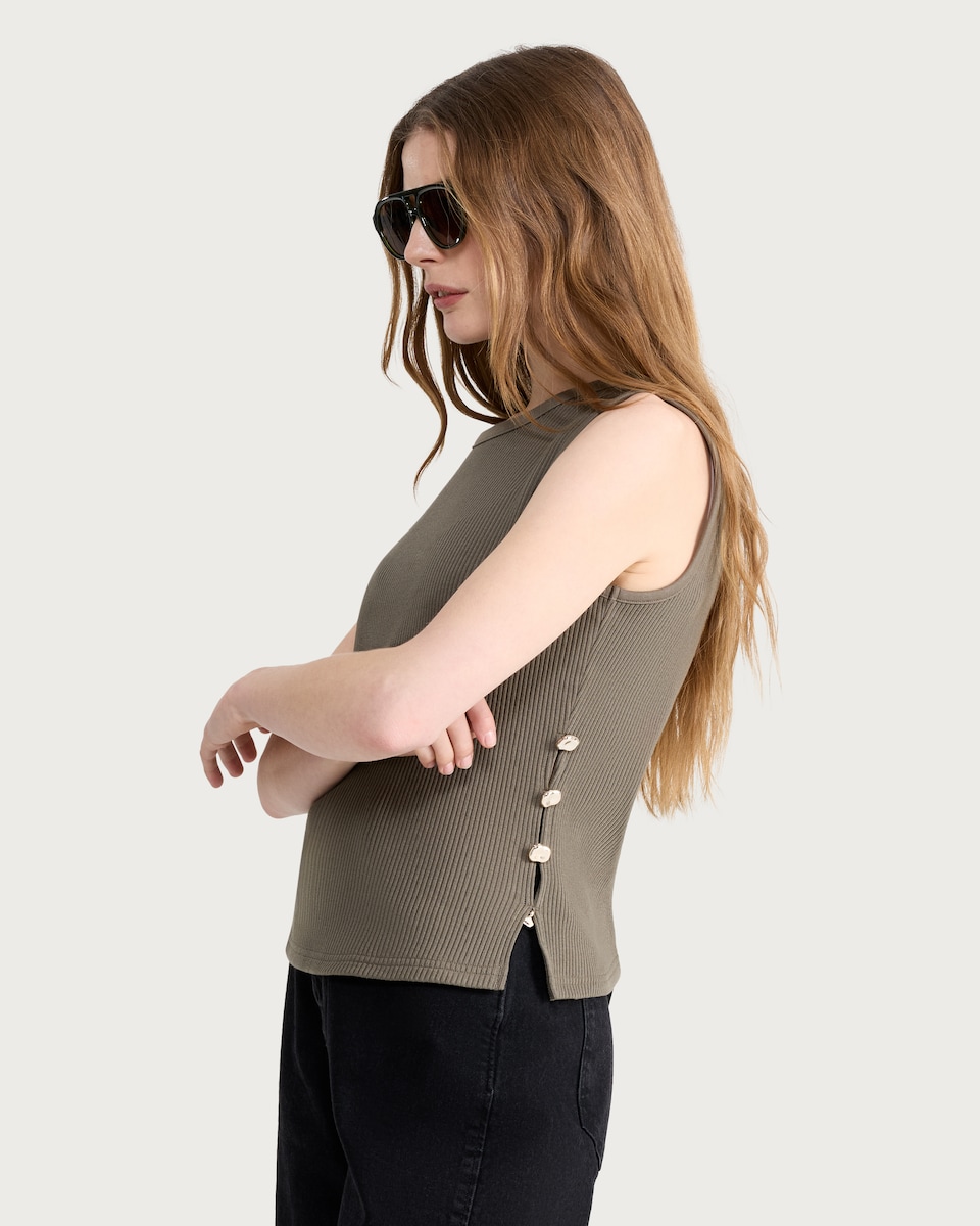 image 1 of F&F Cotton Rich Ribbed Side Button Detail Vest in Khaki