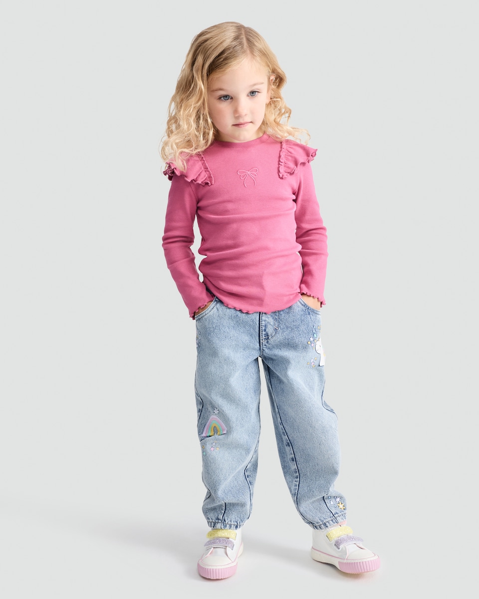 image 1 of F&F Girls 2-Pack Cotton Rich Frill Long Sleeved Tops in Multi