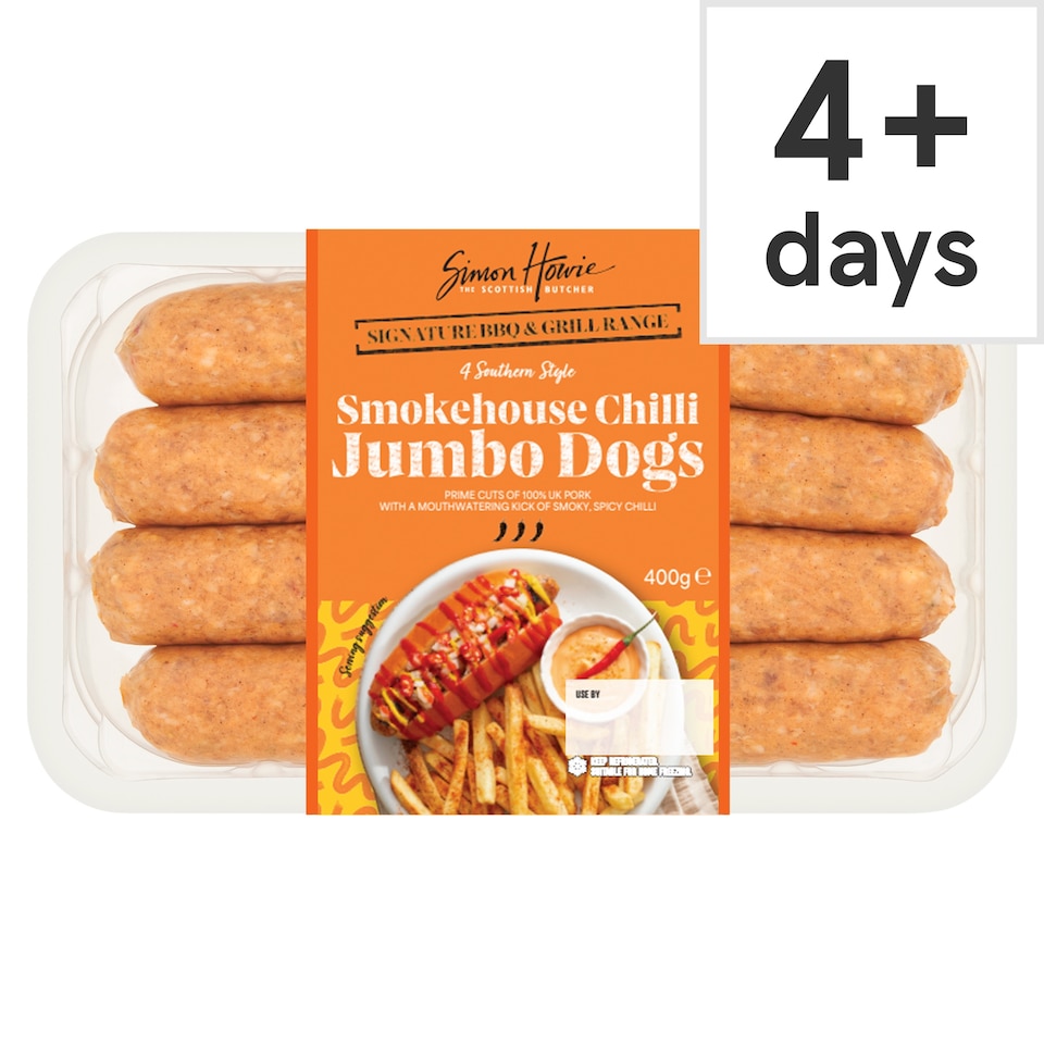 Simon Howie 4 Smokehouse Chilli Pork Jumbo Dogs 400g