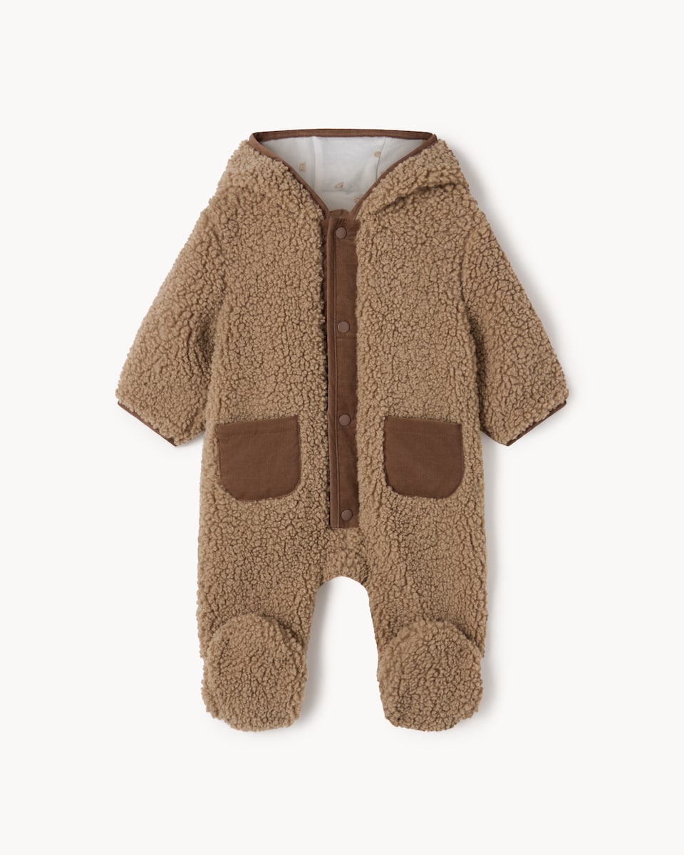 image 1 of F&F Baby Borg Fleece Hooded Pramsuit in Tan