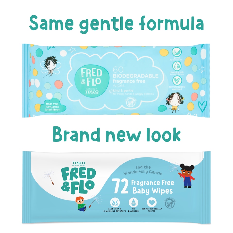 image 1 of Tesco Fred & Flo Fragrance Free Baby Wipes 72 Pack
