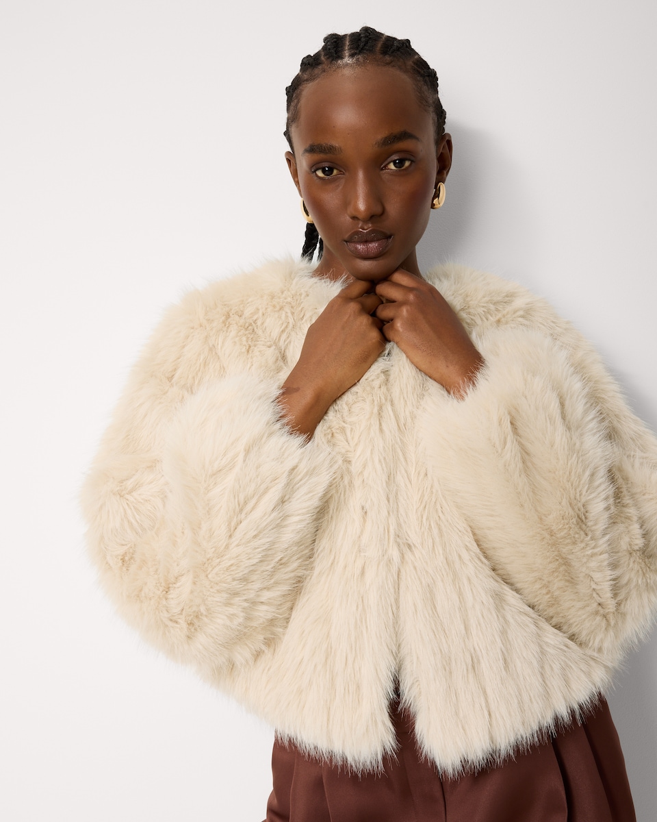 image 1 of F&F Faux Fur Collarless Jacket in Cream