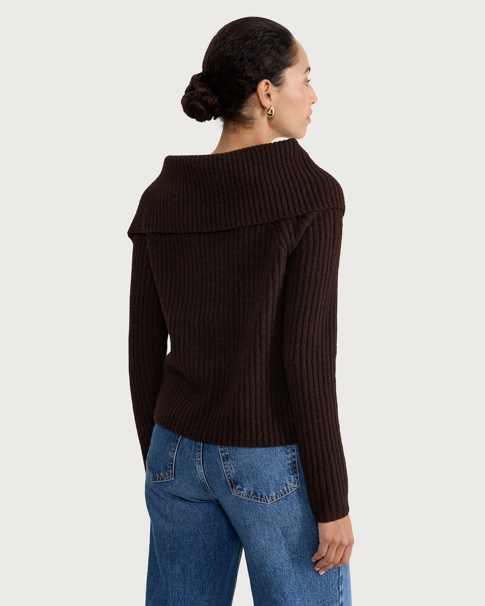 image 1 of F&F Ribbed Button Up Bardot Jumper in Chocolate