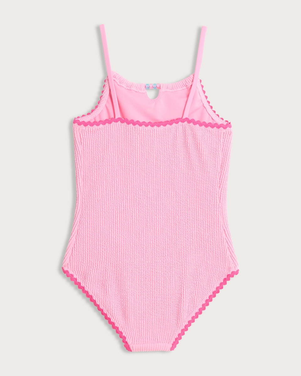 image 1 of F&F Girls Textured Bead Detail Swimsuit in Pink
